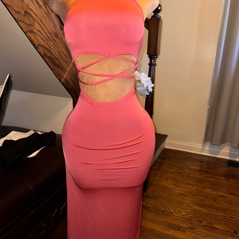 Fashion Nova Coral Pink Cutout Maxi Dress with Crisscross Straps